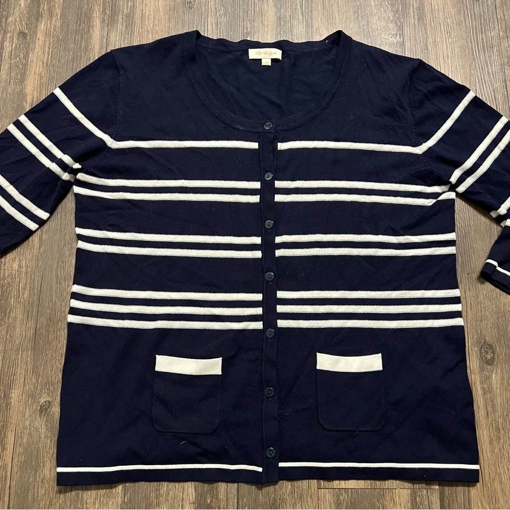 Grege Navy Blue White Stripe Button Up Short Knit Cardigan Sweater 1/4 Sleeve XL - Picture 6 of 10